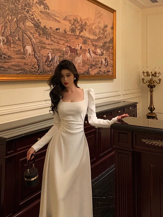 White square neck dress for women new style pleated waist party dress S5584