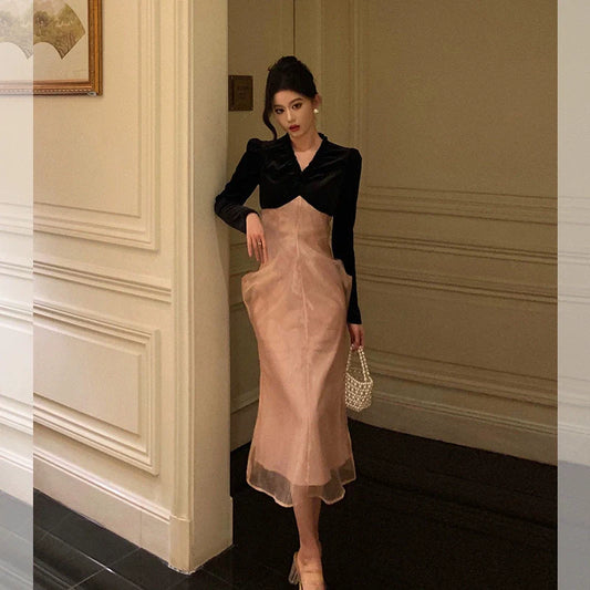 Mesh splicing velvet dress for women new style party dress S5588