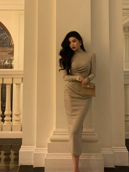 Gentle style long-sleeved knitted dress for women pleated party dress S5587