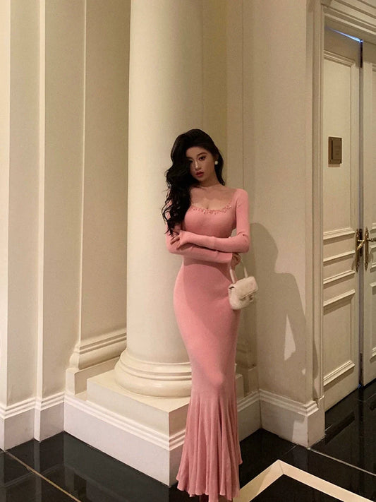 Pink knitted dress for women new style mermaid long party dress S5578