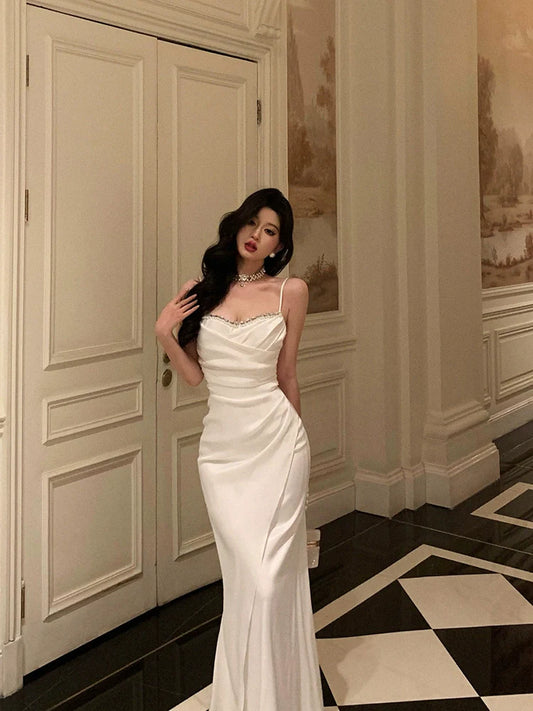 White pleated suspender dress new design party dress S5526