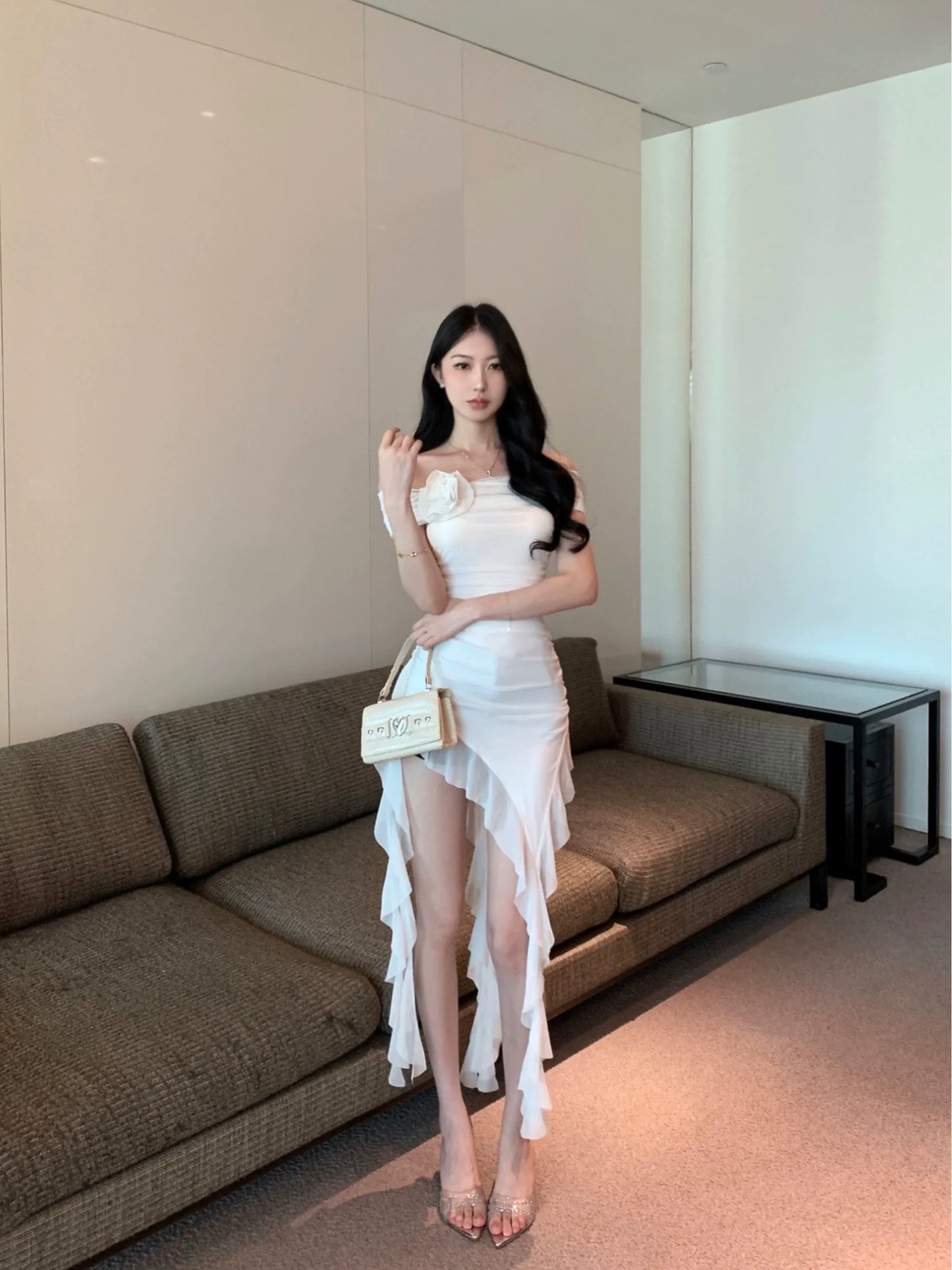 Off-shoulder strapless dress for women flower irregular party dress S5902