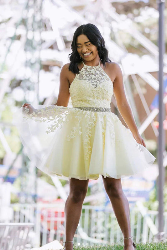 Yellow tulle lace short prom dress yellow homecoming dress S3146