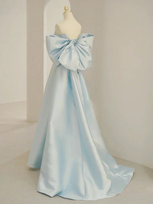 Blue A-Line Satin Long Prom Dresses, Blue Satin Evening Dresses S3350