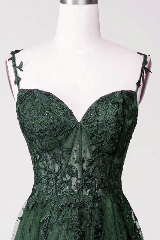 Dark Green Tulle With Lace Beaded Straps Prom Dress, Green Long Formal Dress Party Dress S2559