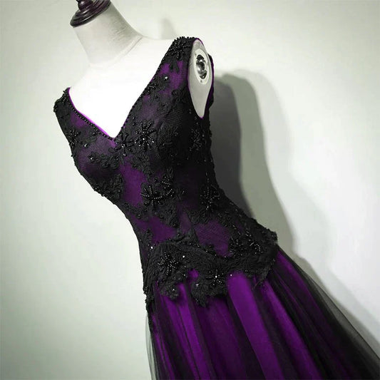 A-Line Black And Purple Tulle V-Neckline Beaded Prom Dress, Black Tulle Formal Dress S2560