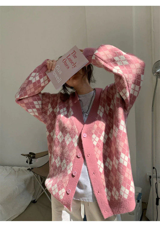 Argyle Pattern V-Neck Knitted Cardigan Sweater S2792
