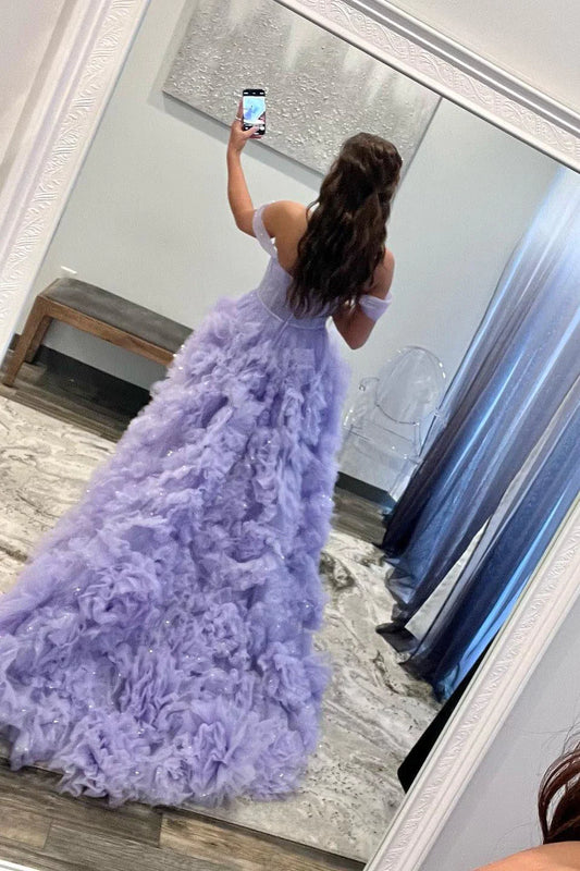 Lavender A-line Off-the-Shoulder Ruffle Layers Long Prom Dress S3227