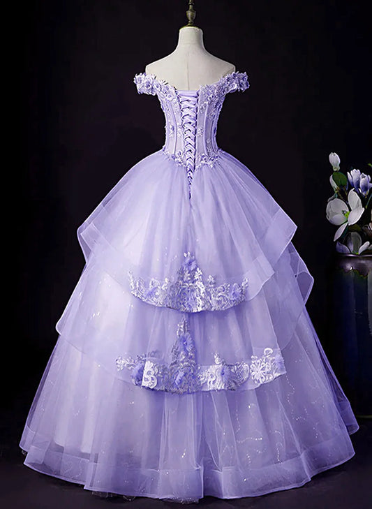 Light Purple Tulle With Lace Off Shoulder Sweet 16 Dress, Light Purple Formal Dress S2557