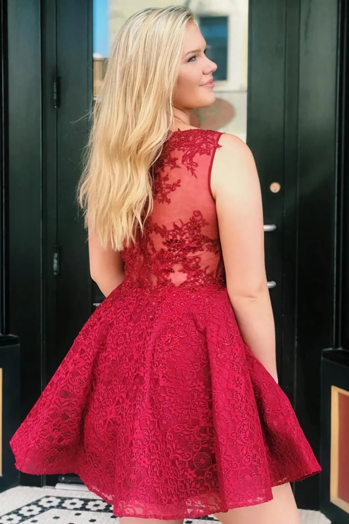 Cute V Neck Red Lace Short Prom Dress Homecoming Dress S3314