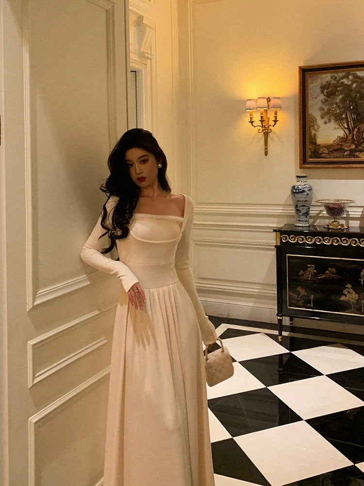 White long-sleeved dress for women long party dress S5615