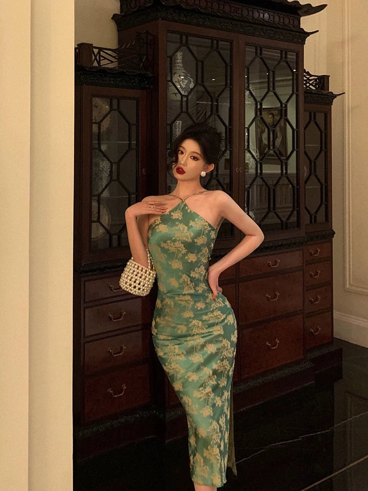 Satin cheongsam halter neck dress for women summer new retro printed party dress S5604