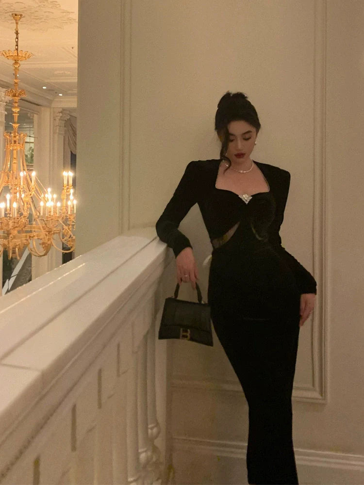 French Hepburn style velvet dress backless slit long dress party dress S5696