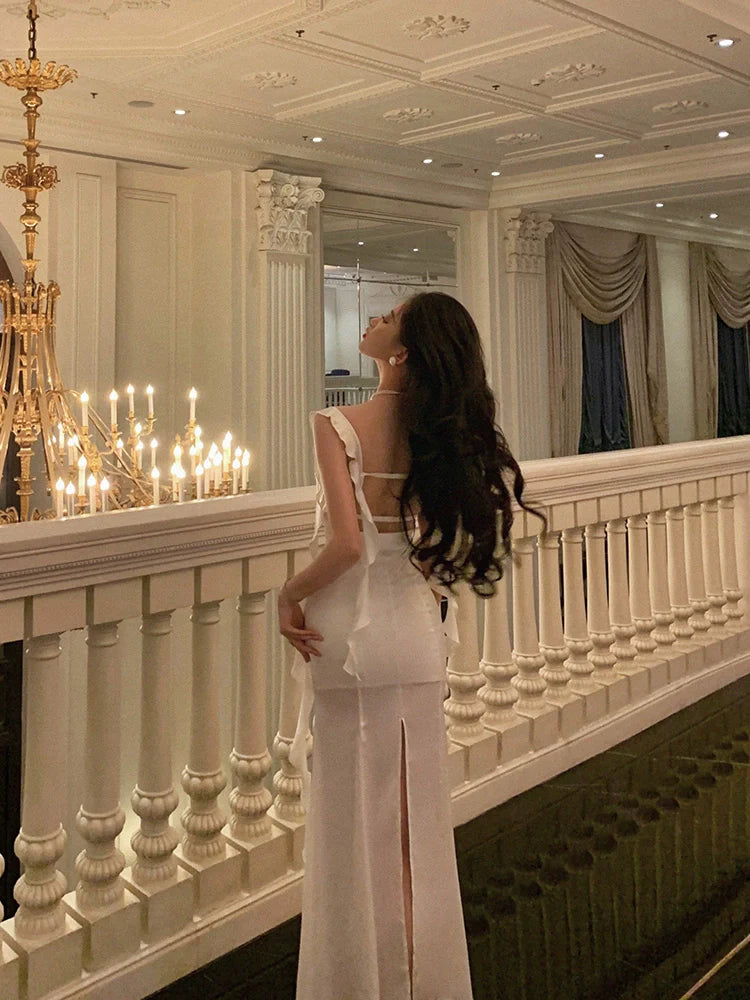 White satin suspender dress new ribbon backless split long party dress S5681