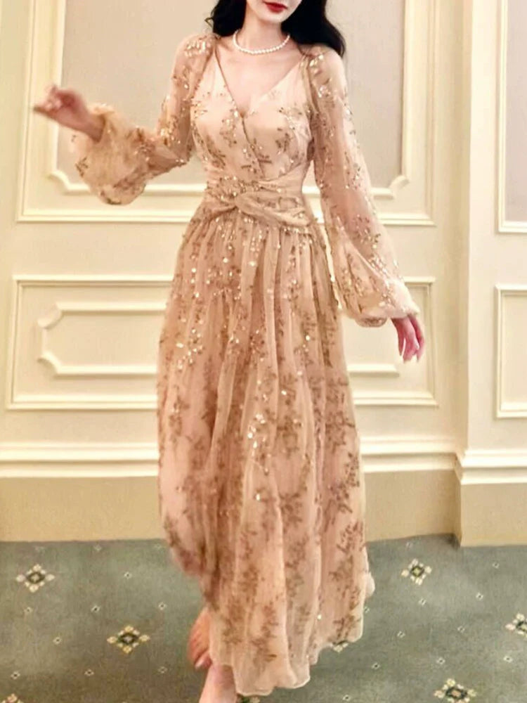 luxury V-neck sequined dress design puff sleeve long party dress S6060
