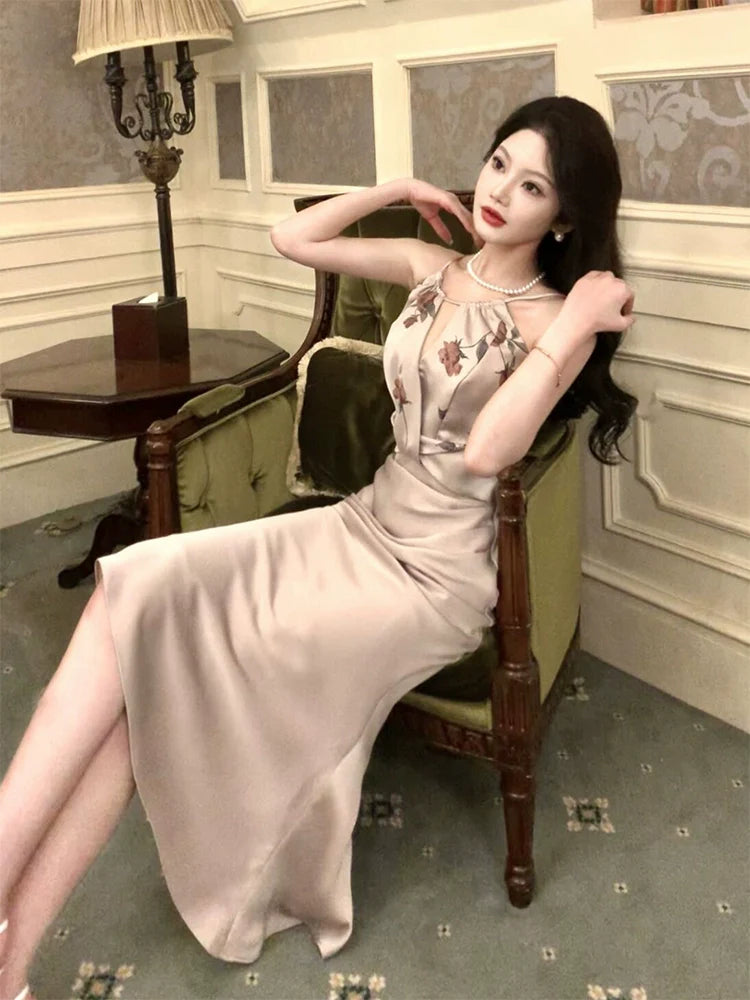 Satin printed mermaid dress long party dress S6040