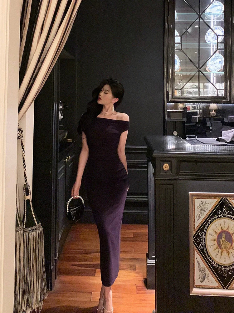 Purple off-shoulder sexy dress party dress S5612