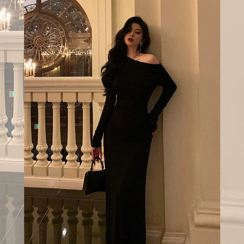 Black off-shoulder long-sleeved dress for women,long party dress S5709