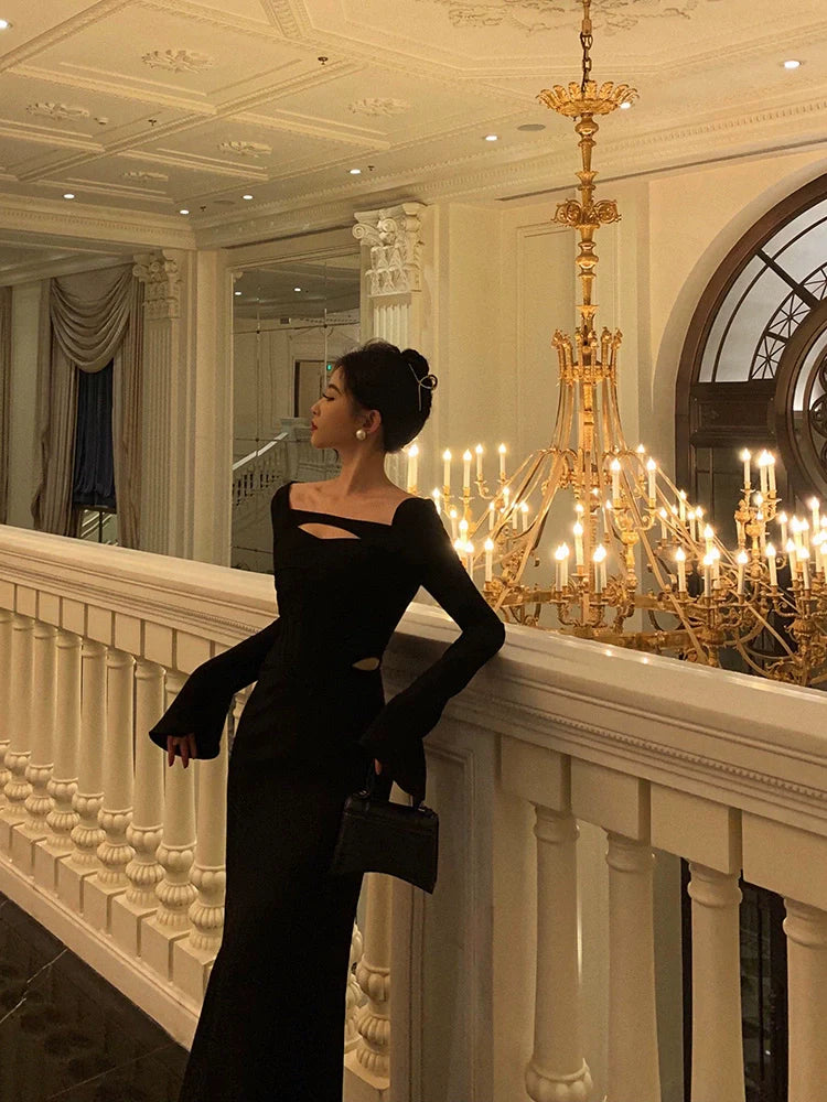 Black long-sleeved mermaid dress new style long dress S5599