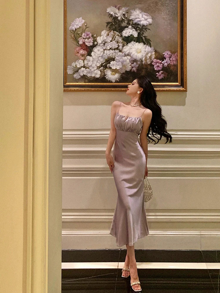 Purple satin suspender dress new mermaid party dress S5699
