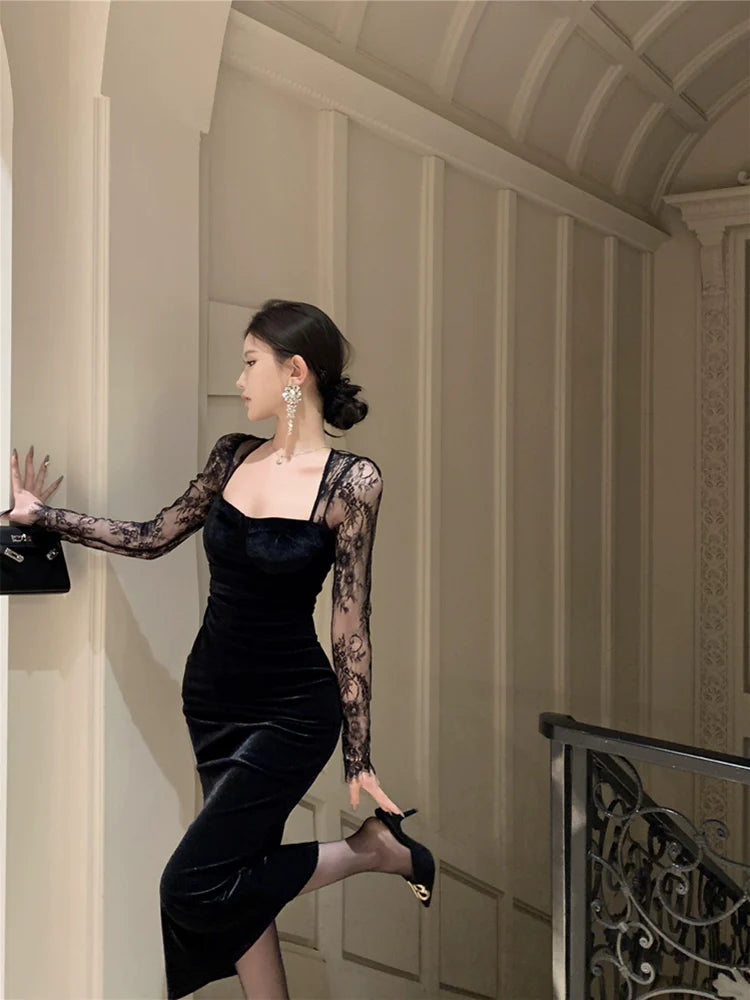 Black evening gown luxury sexy square neck velvet dress S5840