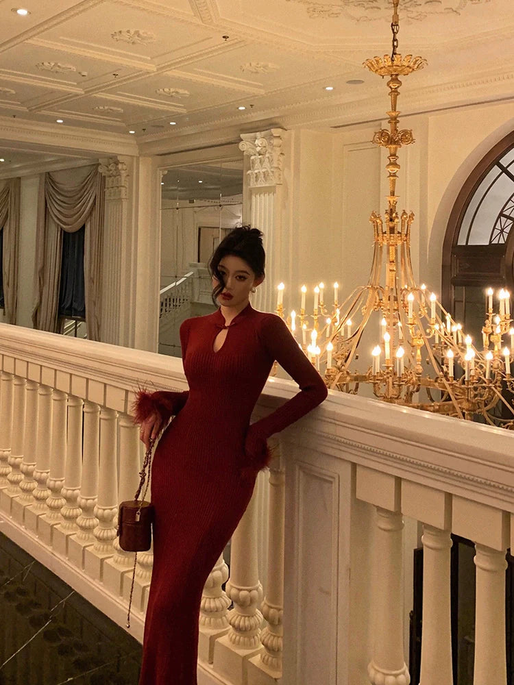 Red cheongsam style knitted dress winter new Chinese style long party dress S5633