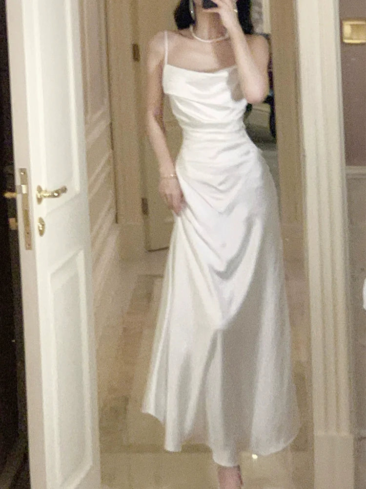 white satin dress, elegant long party dress S5970