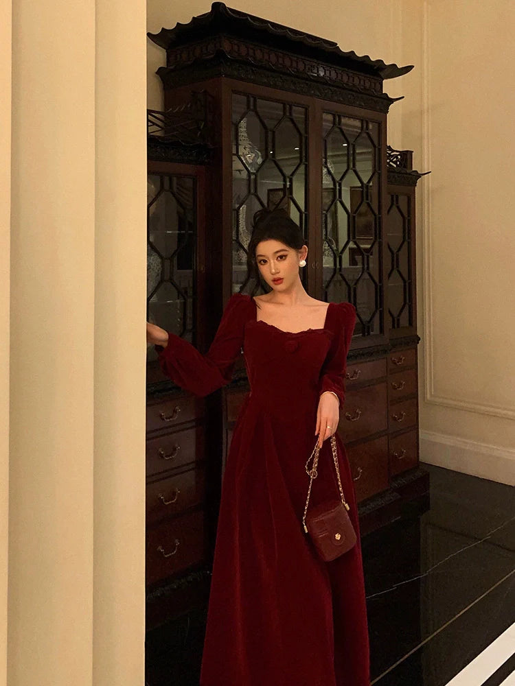 Red square neck velvet dress new French style party dress S5663