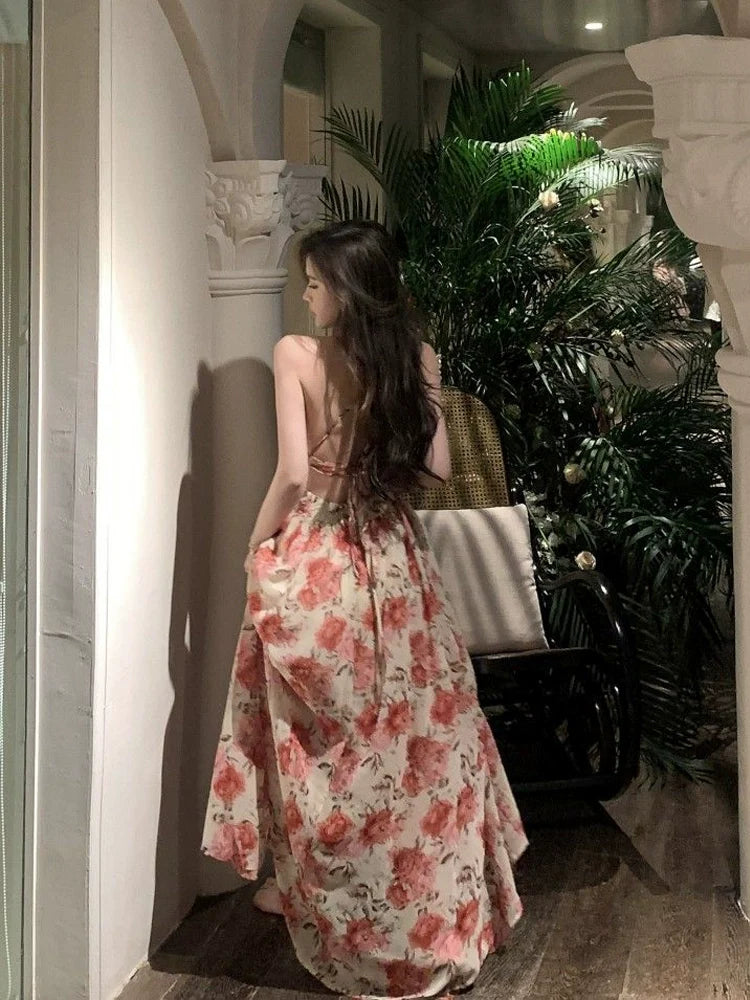 Beach vacation backless halter neck floral suspender dress sexy long dress S5805