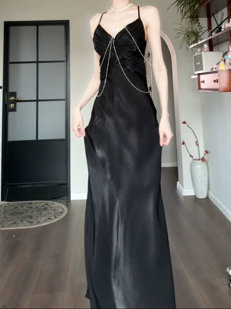 black dress for women satin long party dress S5978