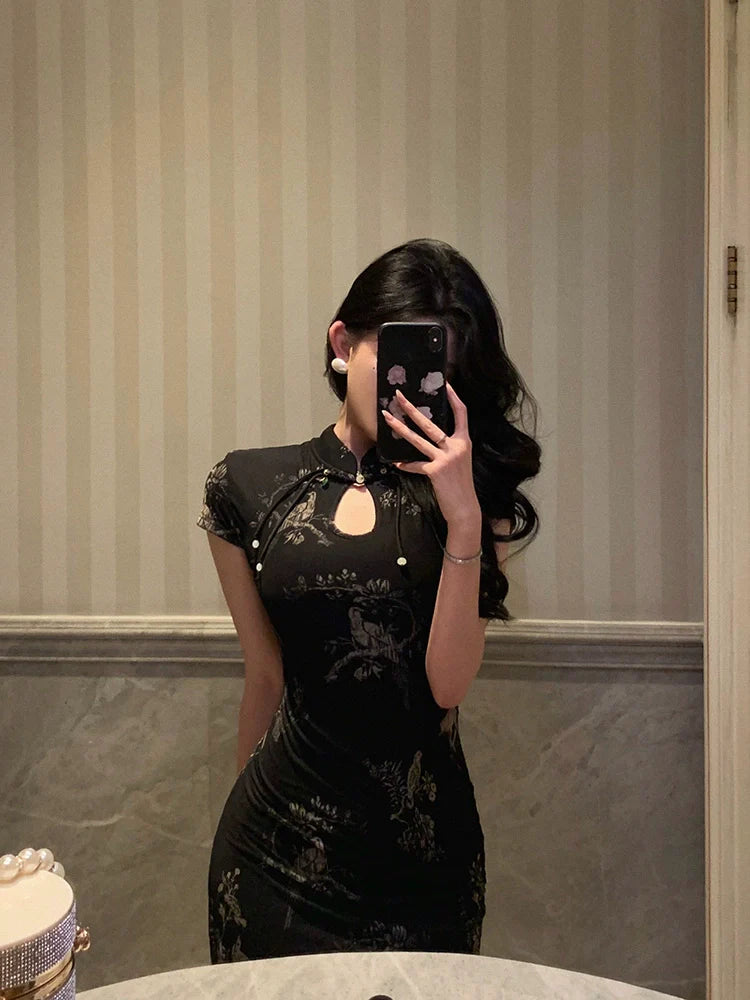 Black printed cheongsam dress new retro party dress S5693
