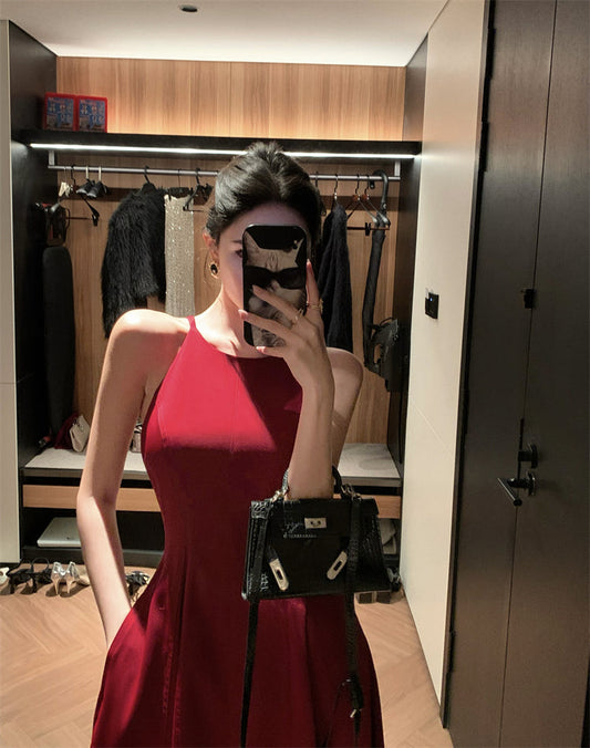 Burgundy halter neck dress French style suspender dress high-end dress R1454