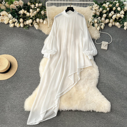 European and American large size chiffon design irregular mid-length puff sleeve dress R2326