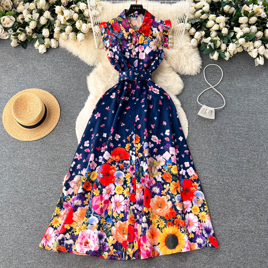 European and American retro palace style shirt dress sleeveless waist slim floral dress R2288