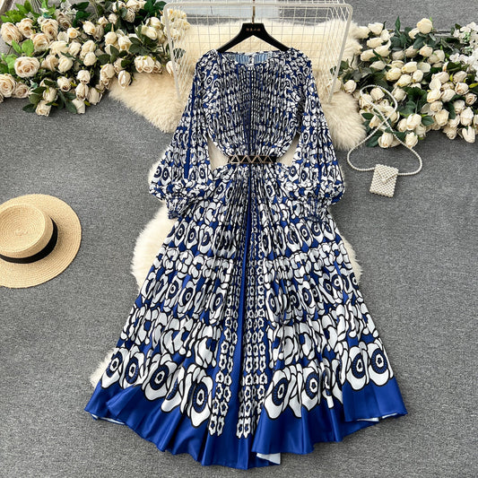 European and American style 2025 new dress printed pleated pleated waist tie holiday long skirt R2337