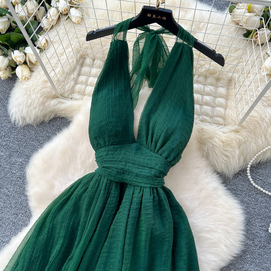 Elegant dress French style deep V-neck halter neck strap waist slit backless holiday long dress R2264