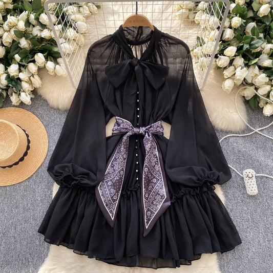 European and American niche dress with silk scarf and waist-hugging lantern sleeves A-line short skirt R2278