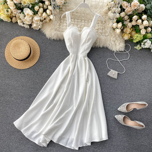 2025 new design V-neck backless retro solid color waist slimming dress R2157