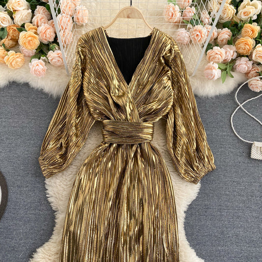 Fashion blogger retro palace style dress new temperament V-neck tie waist dress R2199
