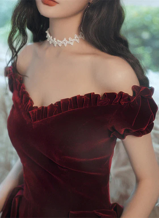 omberprom Wine Red Off Shoulder Velvet Tea Length Party Dress Prom Dress Homecoming Dress Cocktail Dress Wholesale