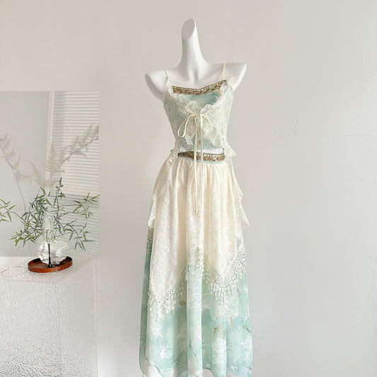 Embroidered Moon Exotic Style Fake Two-Piece Embroidered Suspender Lace Layered Skirt R2047