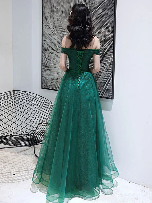omberprom Green Tulle Beaded Off Shoulder Long Party Dresses A-line Long Evening Dress Prom Dress Wholesale