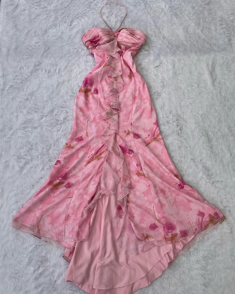 Pink Chiffon Print Floral Ruffle Evening Dress,Halter Mermaid Prom Dress Y8306