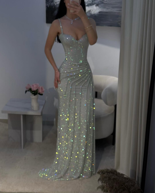 Pretty Spaghetti Straps Silver Sequin Mermaid Slit Long Prom Dress Evening Gown SP14