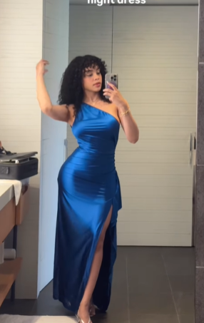 Pretty Blue One Shoulder Sheath Prom Dress,Side Slit Evening Dress Y8150