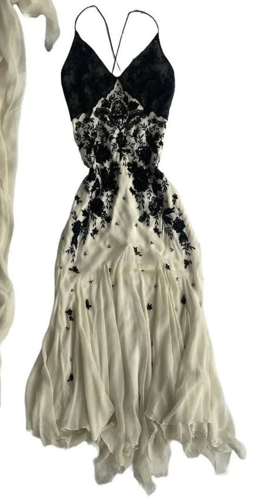 Off-White Chiffon Black Lace Prom Dress - Spaghetti Strap Long Gown
