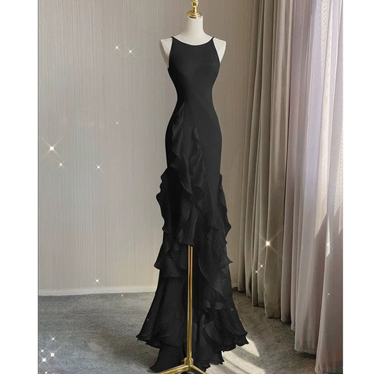 Simple Mermaid Prom Gown With Ruffles Spaghetti Straps Backless Prom Dress For Date P1847