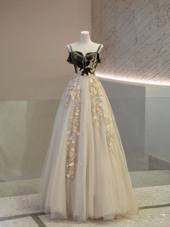 A line Straps Tulle Long Prom Dress Evening Dresses P1083