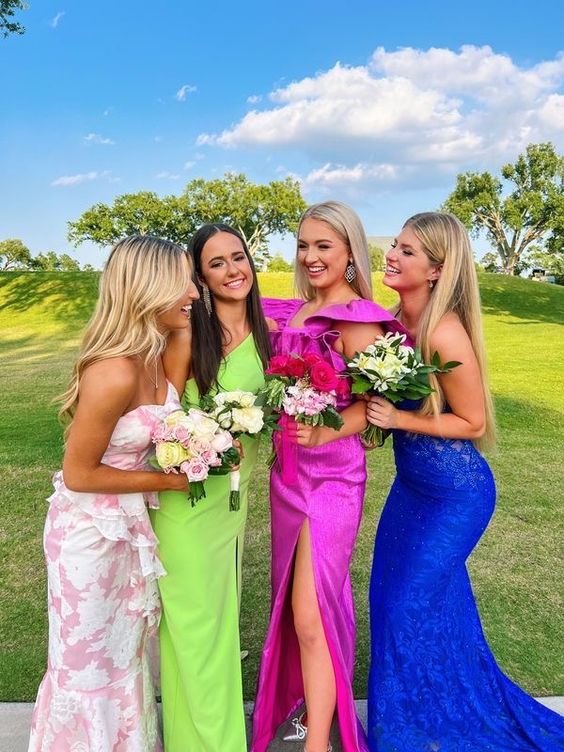 Sexy A line Square Neckline Long Pink Slit Prom Dress Party Dresses P1598
