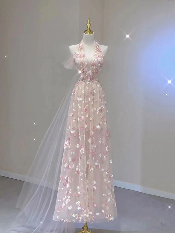 Elegant A line Halter Tulle Floral Pink Prom Dress P1730